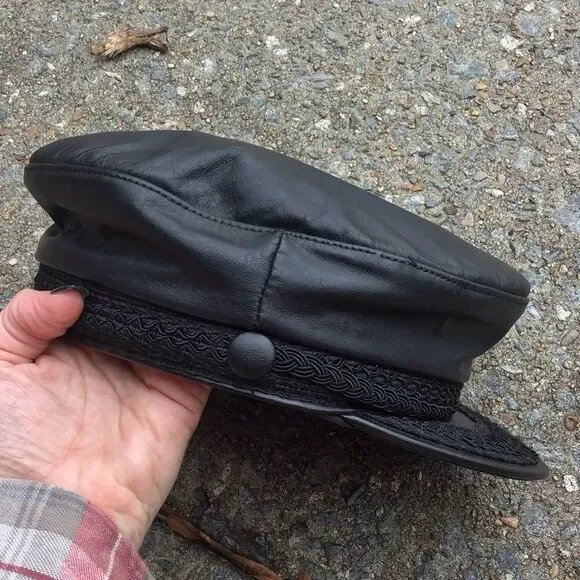 Vintage New York Winner Black Leather Newsboy Fisherman Moto Captain Hat - Picture 5 of 11